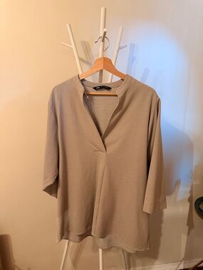Zara Taupe Split-Neck Relaxed Tunic Top